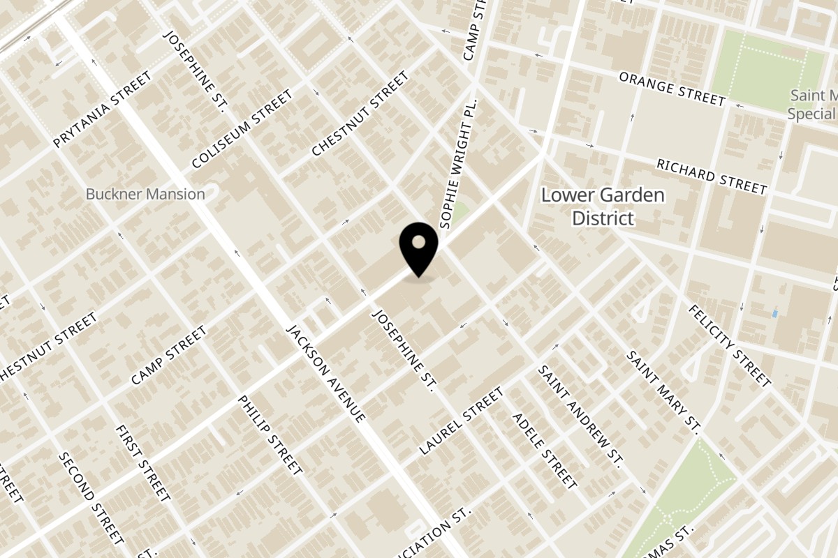 Map showing the location of Juan's Flying Burrito LGD on 2018 Magazine St in New Orleans