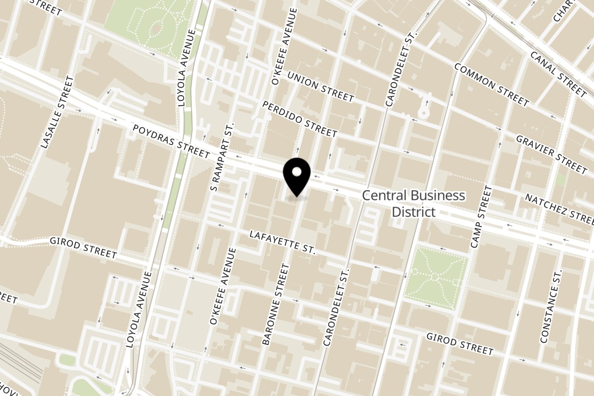 Map showing the location of Juan's Flying Burrito CBD on 515 Baronne Street in New Orleans